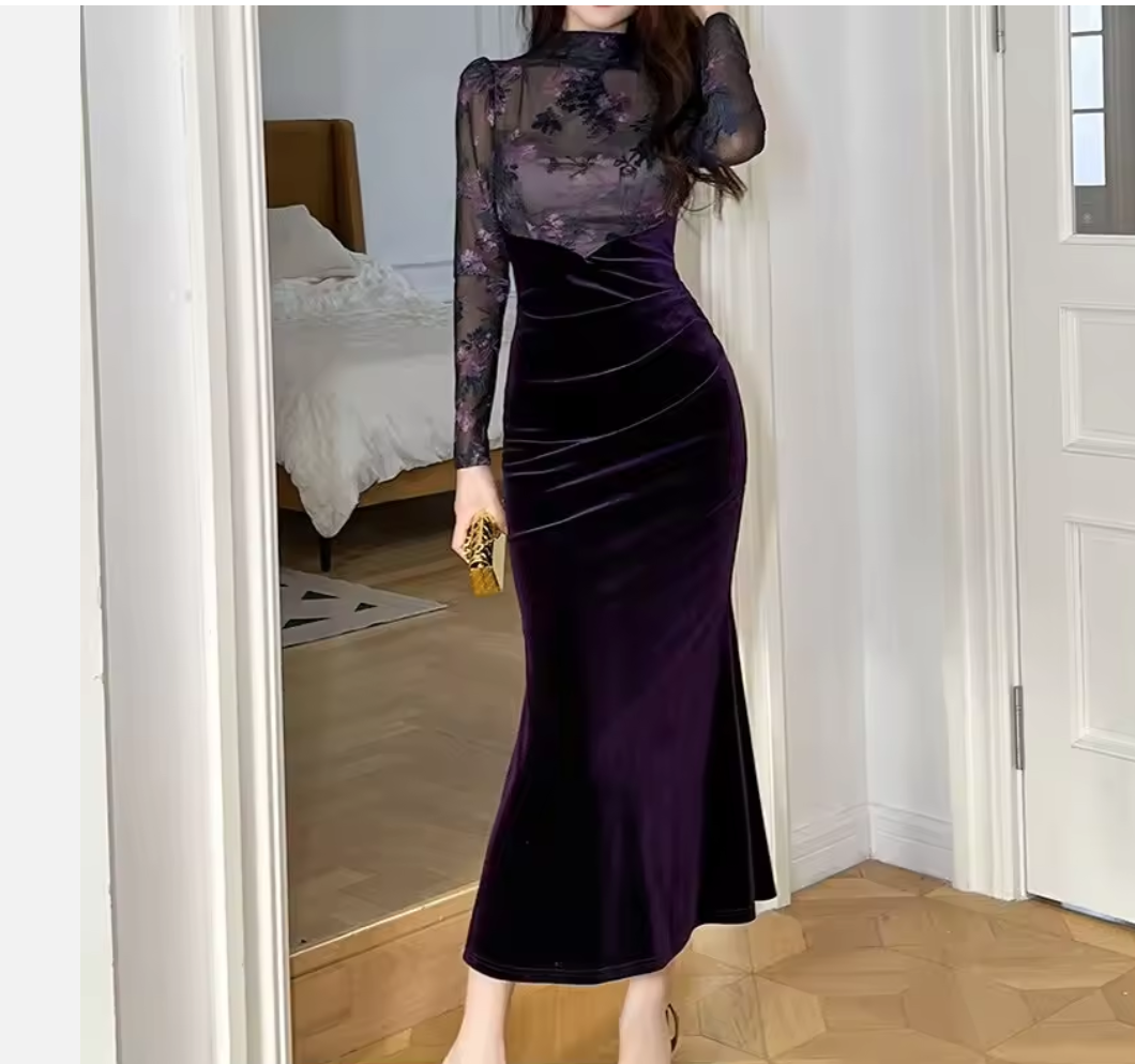 ベルベット切り替えロングワンピース